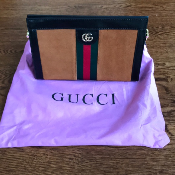 Tan and Black Clutch with Signature Stripe - Picture 1 of 11